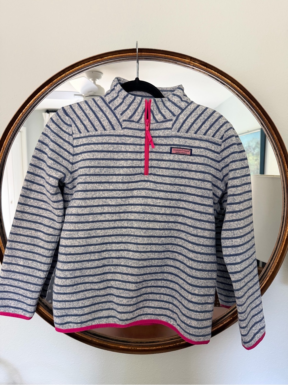 Vineyard Vines Kids' Navy Stripe Quarter-Zip Pullover with Pink Trim